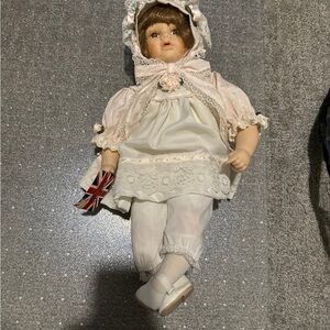 Vintage Porcelain Doll in White Dress